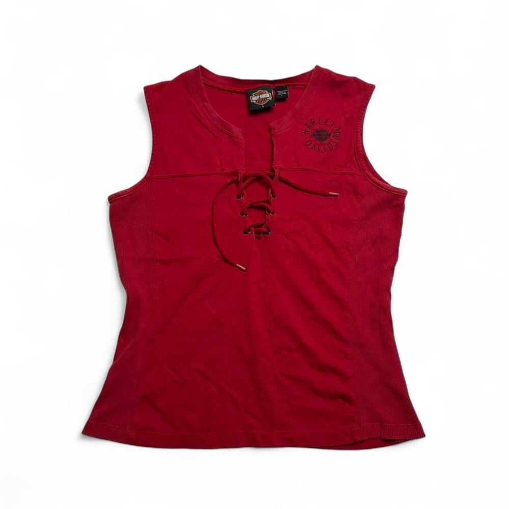 Harley Davidson red tank top lace up front and back graphic Size L grunge alt - Picture 4 of 6